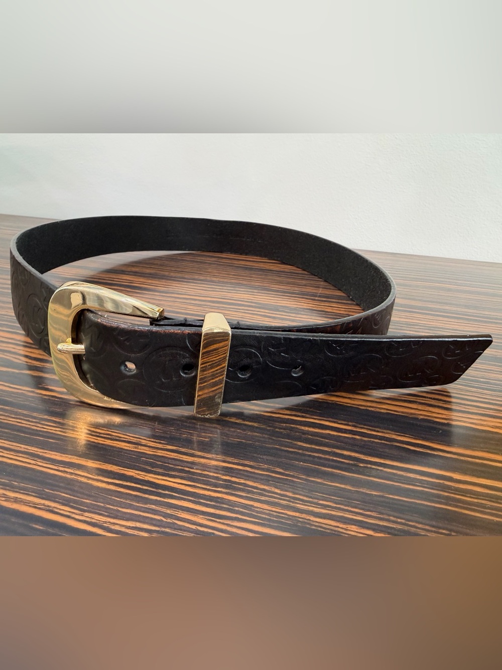 Michael Kors Embossed Logo, Black Leather Belt, Goldtone Hardware
